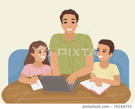 Dad study with children, online lessons, distance education on the Internet. Vector drawing 70288783