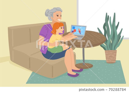 Grandmother does homework with her grandson. Online education, watching cartoons on a laptop. Vector drawing 70288784