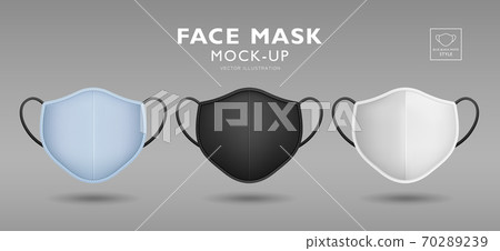 Face mask fabric blue, black, white color mock up front template design, on gray background 70289239