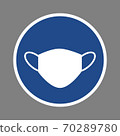 Mandatory sign to wear face medical mask to prevent spread of virus, infection, flu. White protection mask on blue background. Vector illustration. 70289780