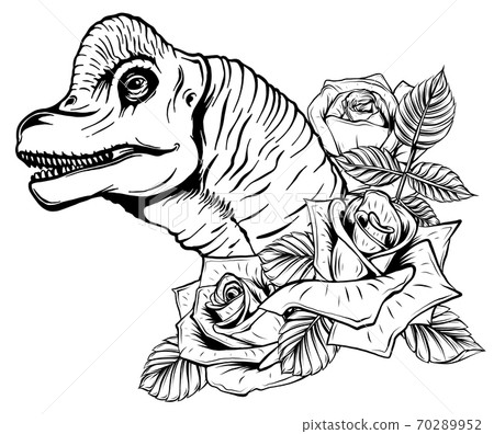dinosaur and roses frame. vector design. Concept art drawing. 70289952