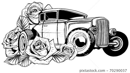 Vector illustration Cartoon Retro Hot Rod design art in black and white 70290037