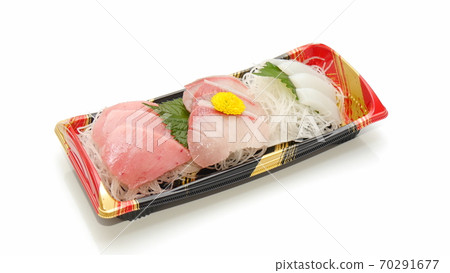 Assortment of 3 sashimi, fatty tuna, yellowtail, squid Assortment of 3 sashimi, fatty tuna, yellowtail, squid 70291677