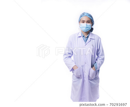 Young woman doctor wearing uniform coat and surgical face mask protective virus 70291697