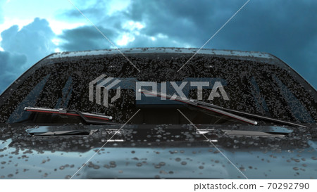car wipers with red silicone coating sweep water from the car windshield 3d render against a cloudy sky 70292790