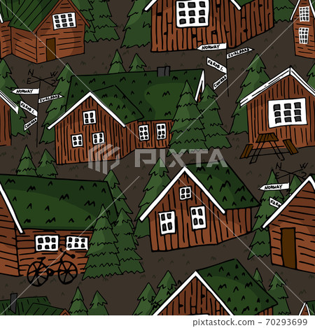 Canadian and scandinavian orange brown wooden houses with grass on the roof white windows and christmas trees vector handwritten seamless repeat pattern 70293699