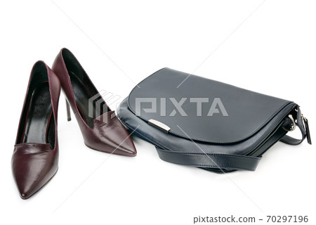Elegant female shoes and handbag isolated on white . 70297196