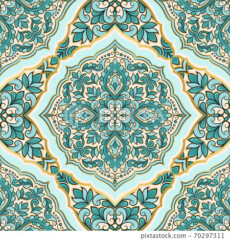Turquoise and gold seamless pattern design.  70297311