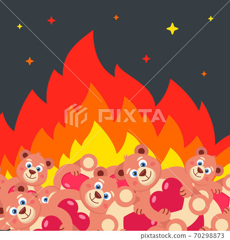 burning a bunch of teddy bears with hearts. destruction of toys. 70298873