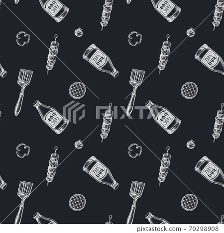 Seamless pattern with hand drawn chalk spatula, kebab, sauce bottles, grilled burger patties 70298908