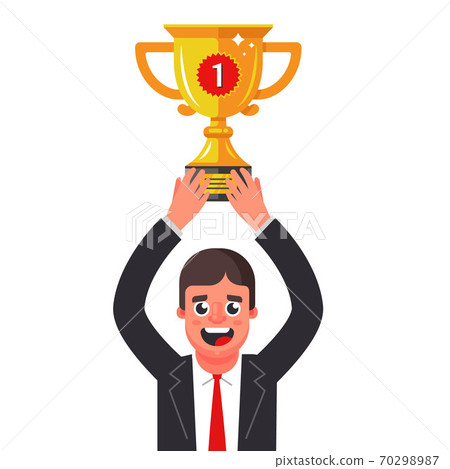 a man in a suit with a golden cup in his hands. take first place 70298987
