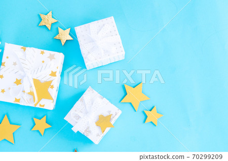 Christmas flat lay scene with golden decorations 70299209