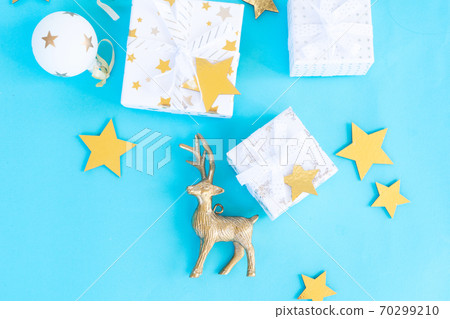 Christmas flat lay scene with golden decorations 70299210
