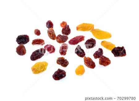 Black, red and yellow Raisins isolated on white background, Top view Black, red and yellow Raisins isolated on white background, Top view 70299780