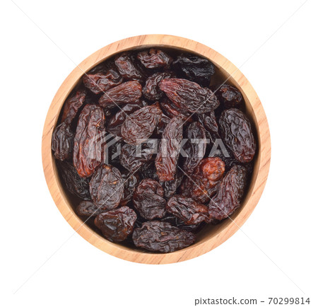 Top view of dried raisins isolated on white background 70299814