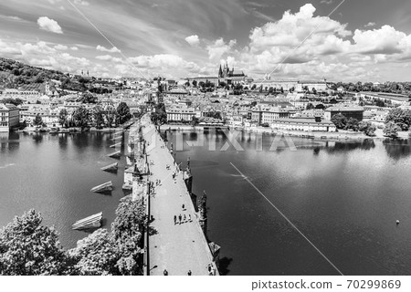 Prague panorama with Prague Castle, and Charles Bridge over Vltava River. View from Old Town Bridge Tower, Czech Republic. Prague panorama with Prague Castle, and Charles Bridge over Vltava River. View from Old Town Bridge Tower, Czech Republic. 70299869