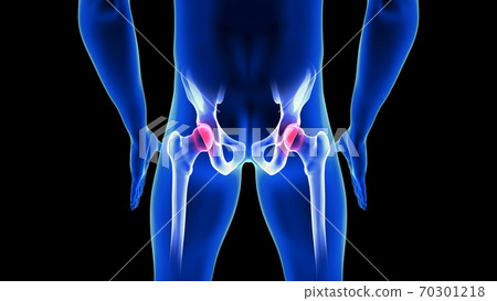Hip Pain close-up illustration. Blue Human Anatomy Body 3D Scan render on black background 70301218