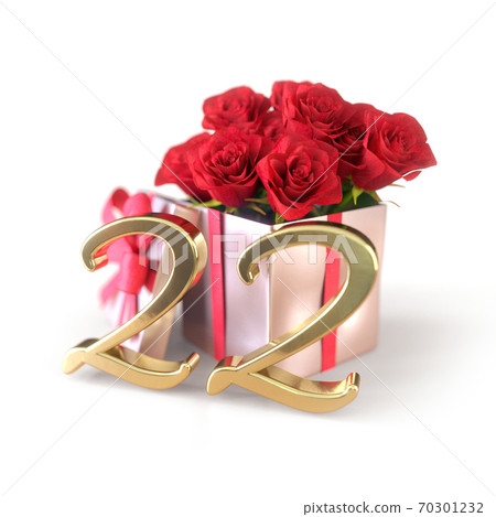 birthday concept with red roses in gift isolated on white background. twenty-second. 22nd. 3D render 70301232
