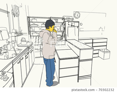 A simple illustration of a person drinking coffee at the kitchen counter 70302232
