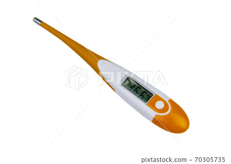 Digital medical thermometer showing healthy human body temperature 36.6 degrees Celsius isolated on white background 70305735