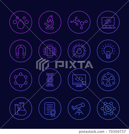 Science, technology and research icons, linear set Science, technology and research icons, linear set 70309737