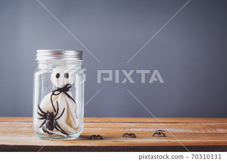 closeup white ghost and spider in jar on wooden closeup white ghost and spider in jar on wooden 70310331