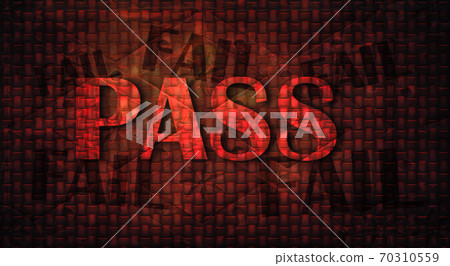 Bold convex "PASS" stands triumphantly atop dark medieval wall and brilliantly backlit in red and benese smaller, contrasting dark "FAIL"s. 3d render abstract illustration. 70310559