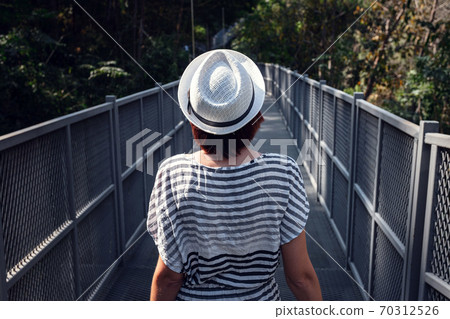 Woman standing alone on Canopy walkway at Queen Sirikit Botanic Gardens Woman standing alone on Canopy walkway at Queen Sirikit Botanic Gardens 70312526