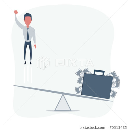Business startup concept. Vector illustration with a businessman flying up and a briefcase full of Business startup concept. Vector illustration with a businessman flying up and a briefcase full of 70313485