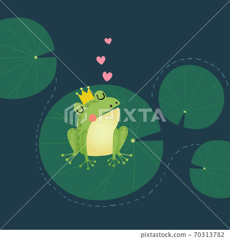 Vector illustration of a cute little frog prince with a golden crown on the lotus leaf. Vector illustration of a cute little frog prince with a golden crown on the lotus leaf. 70313782