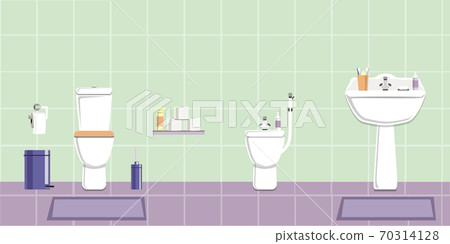 The bathroom in white and lilac tones. Vector image in the flat design style. Paper space with place for text 70314128