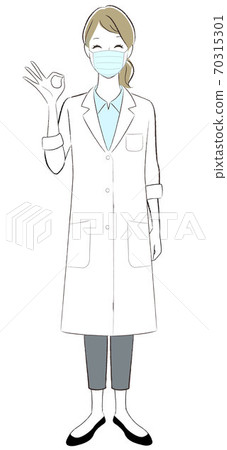 Illustration of a female doctor in a white coat who gives an OK sign with a smile Wearing a mask Illustration of a female doctor in a white coat who gives an OK sign with a smile Wearing a mask 70315301