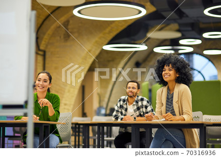Group of young happy multiracial people sitting at desks in the modern office and listening to coach or speaker during corporate team building training or business seminar Group of young happy multiracial people sitting at desks in the modern office and listening to coach or speaker during corporate team building training or business seminar 70316936