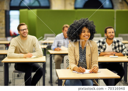Project team training. Group of young happy multiracial people sitting at desks in the modern office and listening to coach or speaker during business seminar Project team training. Group of young happy multiracial people sitting at desks in the modern office and listening to coach or speaker during business seminar 70316948