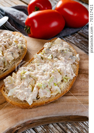 Sandwiches with fresh homemade tuna fish paste. Sandwiches with fresh homemade tuna fish paste. 70317421