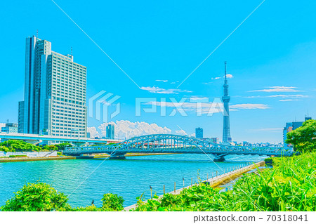 [Anime style] Summer in Tokyo Cityscape of Irido clouds and Sky Tree 70318041
