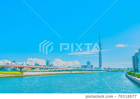 [動漫風格]東京都市風景中的夏季，入雲和天樹 70318077