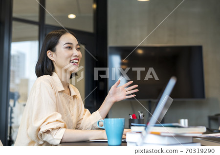 Business person explaining the project counterpart including gestures Business person explaining the project counterpart including gestures 70319290