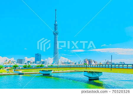 [Anime style] Summer in Tokyo Cityscape of Irido clouds and Sky Tree 70320326