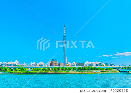 [Anime style] Summer in Tokyo Cityscape of Irido clouds and Sky Tree 70320328
