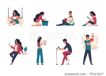 People read books. Study, knowledge and home education, cartoon students at library preparing to exams. Vector reading girls and boys set 70321627