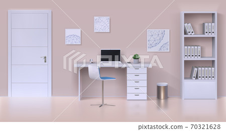Cabinet interior. Realistic home office mockup with work table, computer, office stationery and home plant. Vector interior template with furniture 70321628