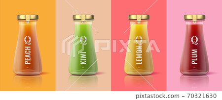 Detox juice bottles. Realistic glass jar mockup template with colorful healthy drinks for branding and advertising. Vector isolated design template 70321630