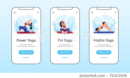 Home exercises onboard screen. Mobile application for yoga, breath exercises and meditation, wellness and healthy lifestyle. Vector set 70321636