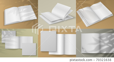 Realistic magazine. Blank white brochure mockup on colored background with shadow overlay effect. Vector empty sheet for design visualization 70321638