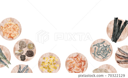 Illustration of a wooden plate with ingredients for Japanese-style soup stock 70322129