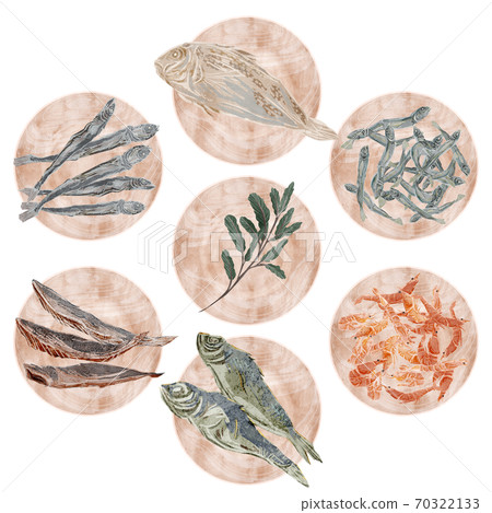 Illustration of a wooden plate with ingredients for seafood soup stock 70322133