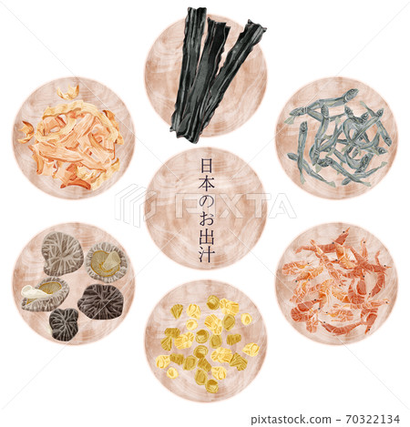 Illustration of a wooden plate with ingredients for Japanese-style soup stock 70322134