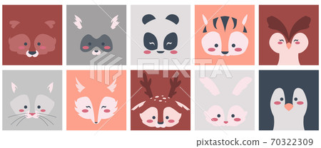 Animal faces. Square shapes with cute animalistic faces, raccoon fox rabbit deer bear and other woodland characters. Outline portrait template for teens clothes and kids goods vector set 70322309