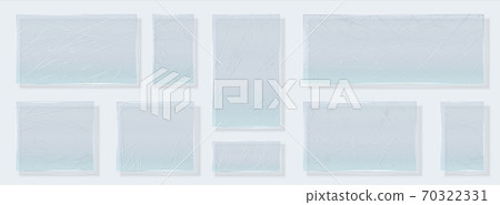 Scratched glass. Realistic glossy shapes with grunge distressed effect with dust rough scratches. Transparent material square forms. Acrylic or plastic uneven surface mockup vector 3D set 70322331
